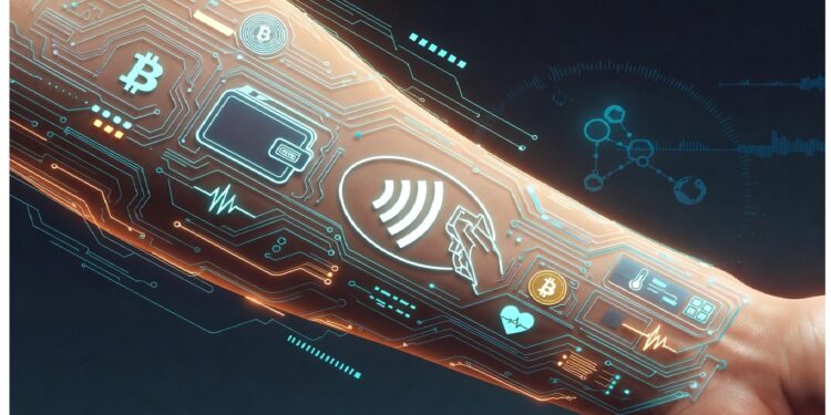 Antebrazo con proyecciones holográficas de bitcoin, billetera digital, pago sin contacto y patrones de circuito en tonos azules y naranjas que sugieren tecnología integrada.
