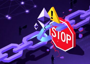 Cadena blockchain rota con señales de alto y advertencia junto a logo de Ethereum, binarios y siluetas al fondo que sugieren interrupción o falla en red digital.