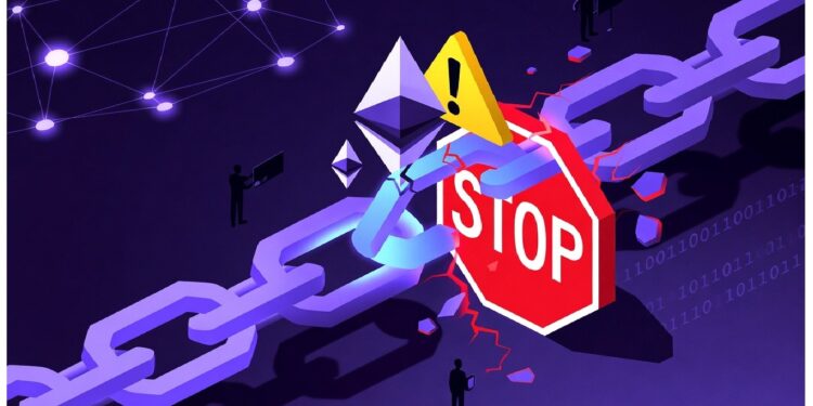 Cadena blockchain rota con señales de alto y advertencia junto a logo de Ethereum, binarios y siluetas al fondo que sugieren interrupción o falla en red digital.