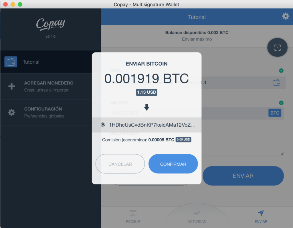 Tutorial Copay Confirmacion Transaccion