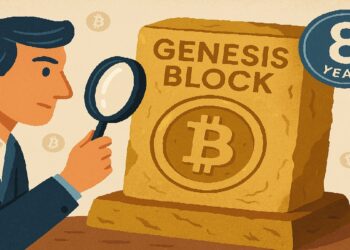 Hombre revisando muro del 8vo aniversario del bloque genesis de bitcoin