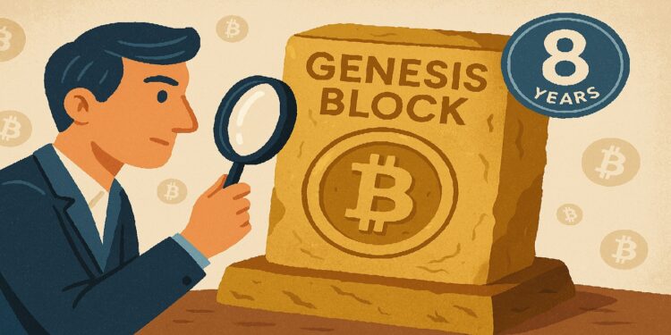 Hombre revisando muro del 8vo aniversario del bloque genesis de bitcoin