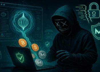 Figura encapuchada con máscara luminosa frente a un portátil, rodeada de símbolos cripto y gráficos digitales, evocando anonimato, ciberseguridad y actividad en la dark web.