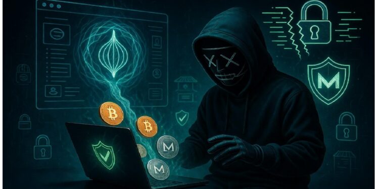 Figura encapuchada con máscara luminosa frente a un portátil, rodeada de símbolos cripto y gráficos digitales, evocando anonimato, ciberseguridad y actividad en la dark web.