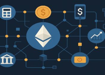 Imagen de red de ethereum animada con fondo azul oscuro.
