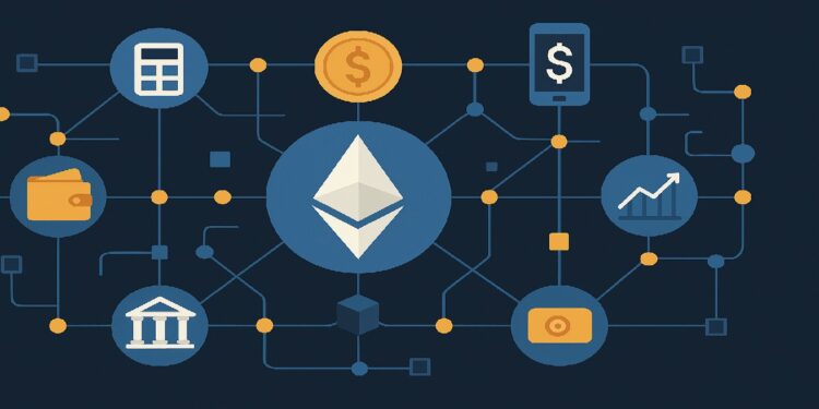 Imagen de red de ethereum animada con fondo azul oscuro.