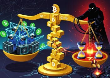 Balanza dorada con el símbolo de Bitcoin equilibrando mineros digitales y una figura encapuchada que manipula cadenas y relojes de arena sobre un fondo oscuro de redes y nodos luminosos.