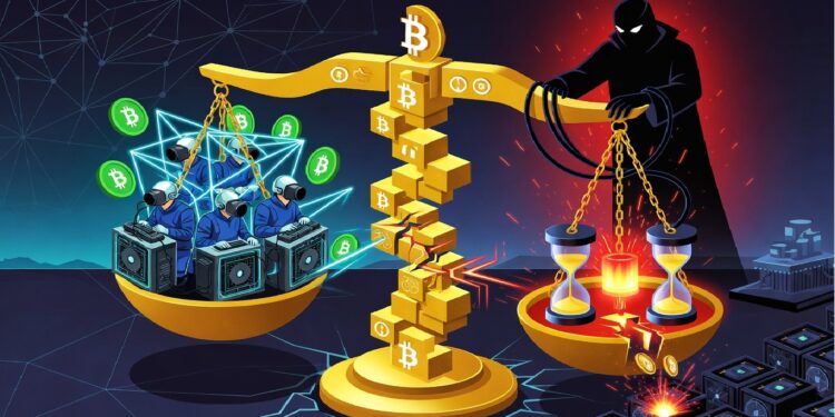 Balanza dorada con el sรญmbolo de Bitcoin equilibrando mineros digitales y una figura encapuchada que manipula cadenas y relojes de arena sobre un fondo oscuro de redes y nodos luminosos.