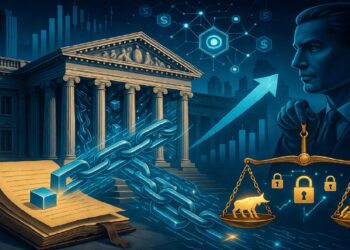 Edificio institucional con un libro abierto del que surge una cadena unida a cubos digitales, junto a gráficos ascendentes y una balanza con un toro y un candado que simbolizan mercado y regulación.