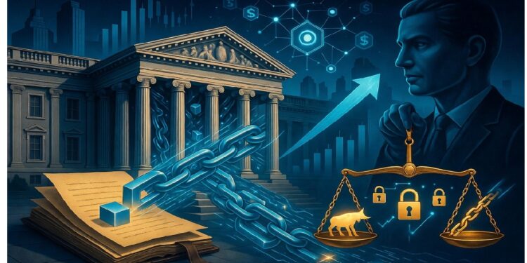 Edificio institucional con un libro abierto del que surge una cadena unida a cubos digitales, junto a gráficos ascendentes y una balanza con un toro y un candado que simbolizan mercado y regulación.