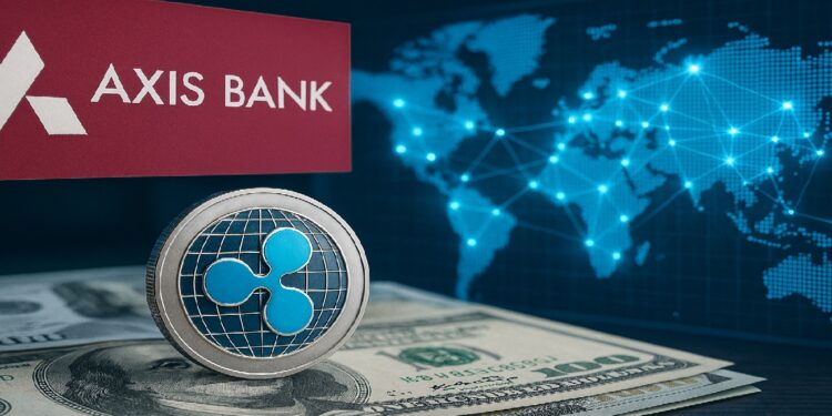 Moneda de Ripple sobre un monton de billetes con un mapa mundi de fondo y el logo de Axis bank.