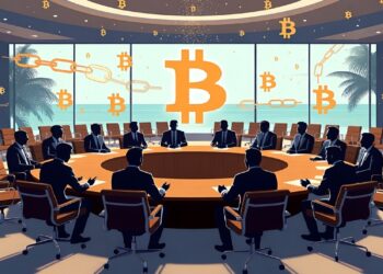 Sala de conferencias moderna con ejecutivos reunidos bajo un gran símbolo de Bitcoin, integrando ambiente corporativo y gráficos de cadena digital para reflejar finanzas cripto.