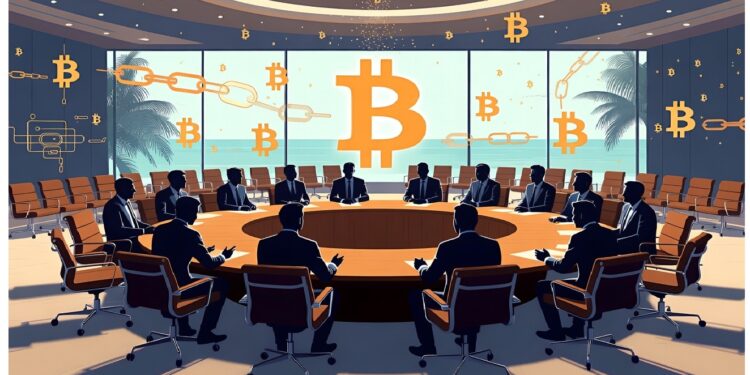 Sala de conferencias moderna con ejecutivos reunidos bajo un gran símbolo de Bitcoin, integrando ambiente corporativo y gráficos de cadena digital para reflejar finanzas cripto.