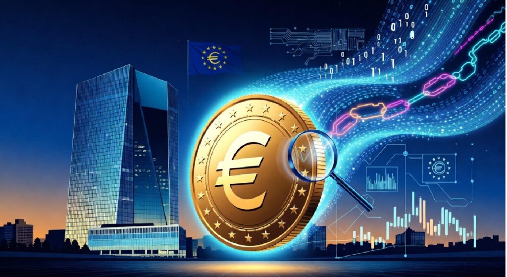 Moneda de euro ampliada con lupa frente a un rascacielos moderno y la bandera de la UE, rodeada de códigos digitales, cadenas y gráficos que evocan análisis financiero y tecnología monetaria.