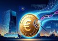 Moneda de euro ampliada con lupa frente a un rascacielos moderno y la bandera de la UE, rodeada de códigos digitales, cadenas y gráficos que evocan análisis financiero y tecnología monetaria.