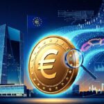 Moneda de euro ampliada con lupa frente a un rascacielos moderno y la bandera de la UE, rodeada de códigos digitales, cadenas y gráficos que evocan análisis financiero y tecnología monetaria.