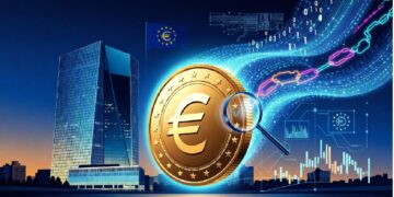 Moneda de euro ampliada con lupa frente a un rascacielos moderno y la bandera de la UE, rodeada de códigos digitales, cadenas y gráficos que evocan análisis financiero y tecnología monetaria.