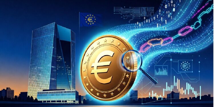 Moneda de euro ampliada con lupa frente a un rascacielos moderno y la bandera de la UE, rodeada de códigos digitales, cadenas y gráficos que evocan análisis financiero y tecnología monetaria.