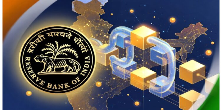 Emblema del Banco de la Reserva de la India junto a un mapa iluminado con nodos conectados y una cadena digital que cruza el país, evocando redes financieras y tecnología aplicada al sistema nacional.