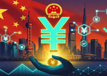 Símbolo del yuan brillando sobre Shanghái y bandera china, rodeado de iconos digitales, representando el auge del yuan digital y la innovación financiera en China.