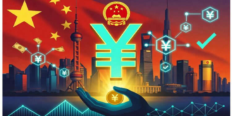 Símbolo del yuan brillando sobre Shanghái y bandera china, rodeado de iconos digitales, representando el auge del yuan digital y la innovación financiera en China.