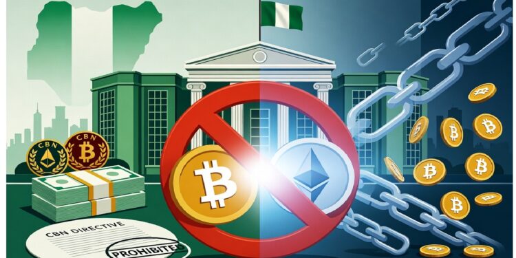 Edificio del banco central de Nigeria con dinero y un documento marcado como prohibido frente a un símbolo de veto sobre Bitcoin y Ethereum, acompañado de cadenas y elementos digitales.