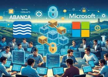 Personas trabajando en computadoras frente a un gran esquema de bloques y candados digitales, con los logotipos de ABANCA y Microsoft sobre un paisaje futurista que sugiere innovación segura.