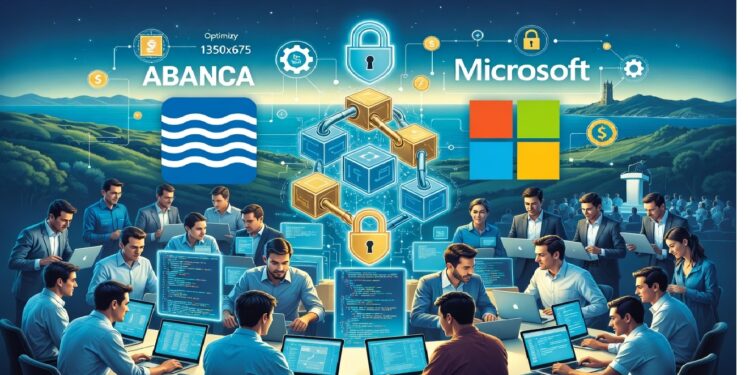 Personas trabajando en computadoras frente a un gran esquema de bloques y candados digitales, con los logotipos de ABANCA y Microsoft sobre un paisaje futurista que sugiere innovación segura.