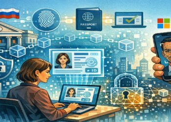 Ilustración editorial sobre identificación digital remota con blockchain y Microsoft, mostrando verificación facial, banco ruso y elementos tecnológicos.