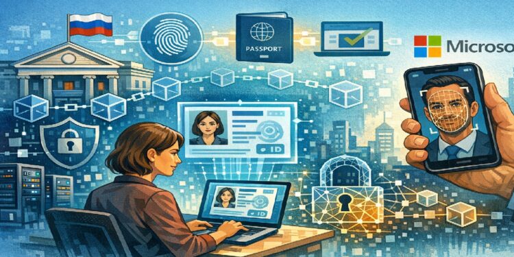 Ilustración editorial sobre identificación digital remota con blockchain y Microsoft, mostrando verificación facial, banco ruso y elementos tecnológicos.