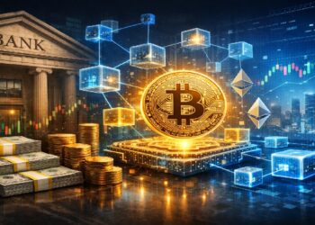 Imagen de un edificio de banco rodeado de nodos de bitcoin monedas doradas de bitcoin y billetes.