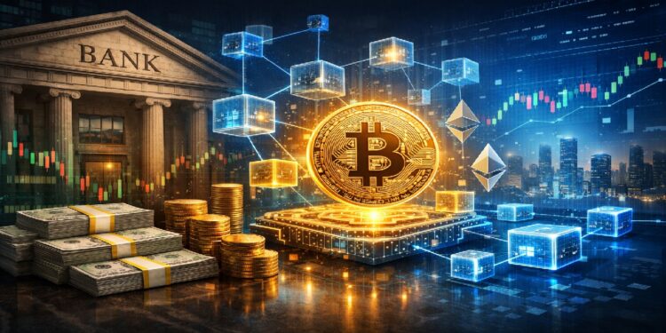 Imagen de un edificio de banco rodeado de nodos de bitcoin monedas doradas de bitcoin y billetes.