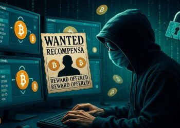 Persona encapuchada ante múltiples monitores con Bitcoins y aviso de “WANTED”, evocando actividad cripto sospechosa y riesgos de ciberseguridad vinculados a delitos digitales.