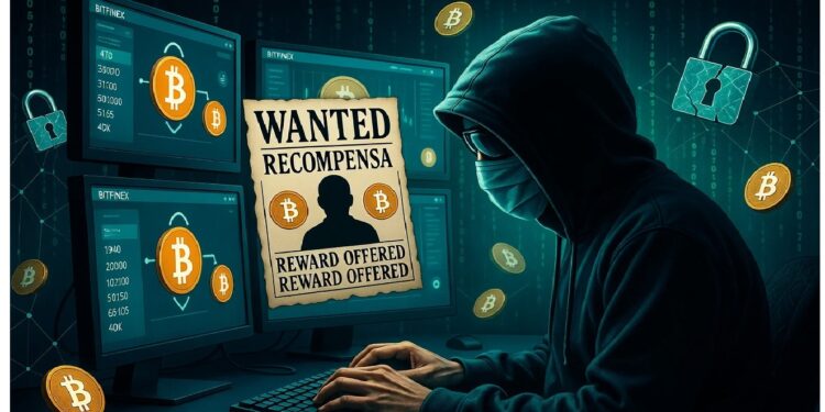 Persona encapuchada ante múltiples monitores con Bitcoins y aviso de “WANTED”, evocando actividad cripto sospechosa y riesgos de ciberseguridad vinculados a delitos digitales.