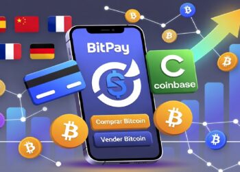 Teléfono con BitPay y Coinbase rodeado de símbolos de Bitcoin, flecha ascendente, tarjetas y nodos digitales, junto a banderas de varios países que sugieren uso internacional de criptomonedas.
