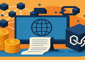 Monitor de computadora con una imagen referente al internet rodeada de monedas de bitcoin y nodos de blockchain en un fondo amarillo.