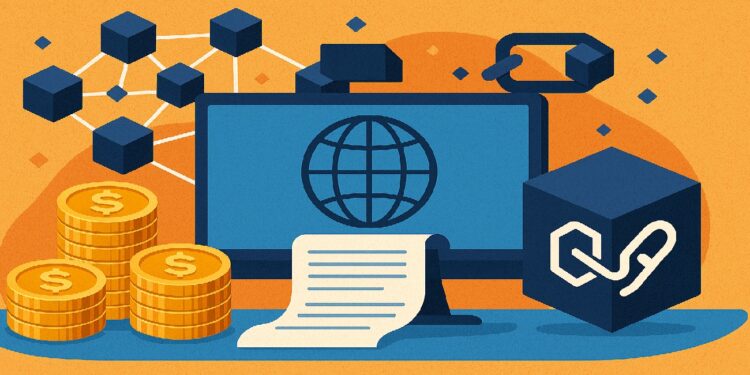 Monitor de computadora con una imagen referente al internet rodeada de monedas de bitcoin y nodos de blockchain en un fondo amarillo.