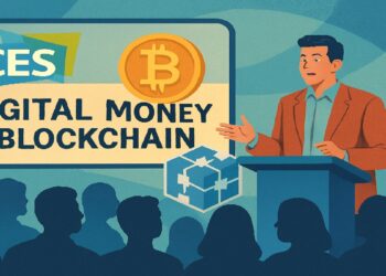 Imagen tipo caricatura de un hombre hablando sobre blockchain en un foro.