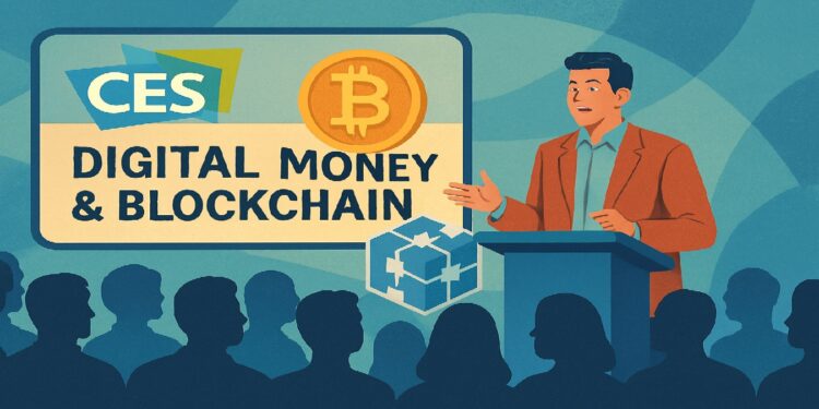 Imagen tipo caricatura de un hombre hablando sobre blockchain en un foro.