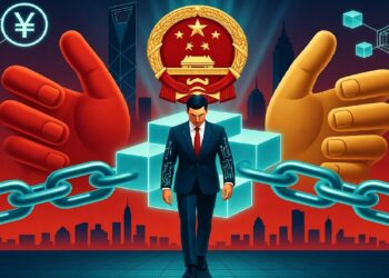 Hombre avanzando entre símbolos chinos, manos gigantes y cadenas, rodeado de iconos de blockchain y yuan digital, aludiendo a control estatal y tecnología financiera.