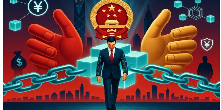 Hombre avanzando entre símbolos chinos, manos gigantes y cadenas, rodeado de iconos de blockchain y yuan digital, aludiendo a control estatal y tecnología financiera.
