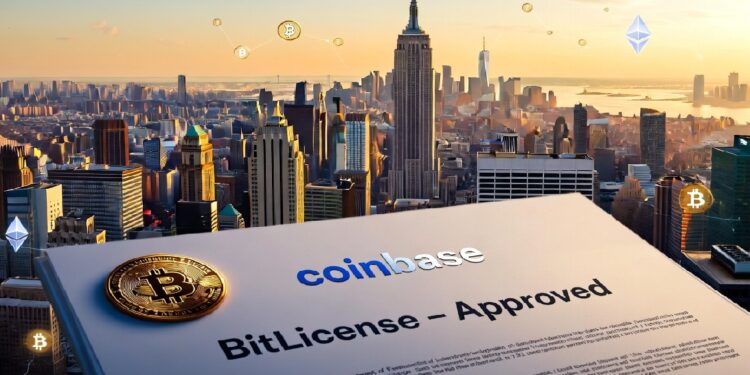 Vista de Nueva York con símbolos de criptomonedas flotando y un documento de aprobación regulatoria con una moneda de Bitcoin en primer plano.