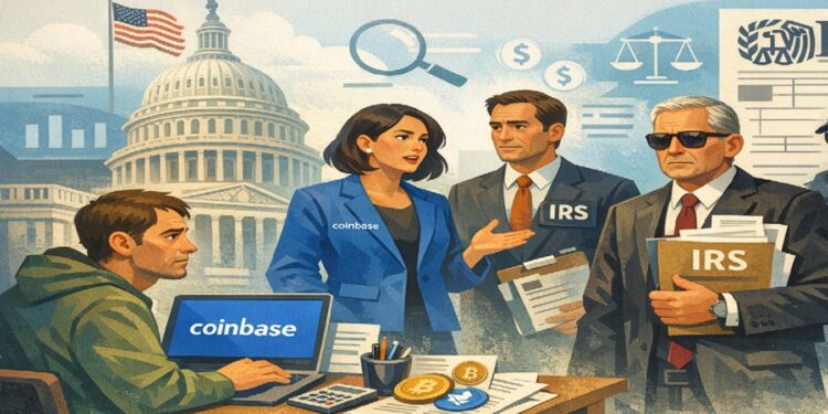 Ilustración editorial que muestra a Coinbase mediando entre un cliente preocupado y agentes del IRS en un contexto fiscal estadounidense.