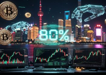 Estación de trading con pantallas de criptomonedas, manos robóticas y monedas digitales flotando, con una ciudad futurista al fondo y un gran 80% destacado.