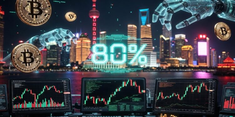 Estaciรณn de trading con pantallas de criptomonedas, manos robรณticas y monedas digitales flotando, con una ciudad futurista al fondo y un gran 80% destacado.