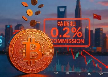 Gran moneda de Bitcoin con circuitos y monedas cayendo, junto a un recuadro rojo con comisión 0.2%, un gráfico descendente y una ciudad con bandera china que sugiere actividad y volatilidad cripto.