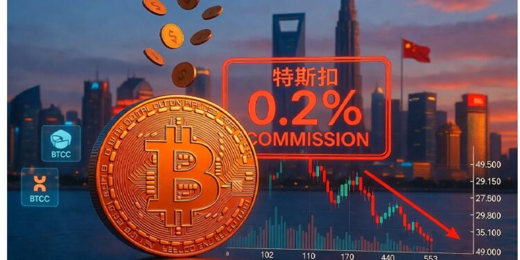 Gran moneda de Bitcoin con circuitos y monedas cayendo, junto a un recuadro rojo con comisión 0.2%, un gráfico descendente y una ciudad con bandera china que sugiere actividad y volatilidad cripto.