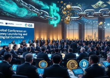 Conferencia global sobre lavado de dinero y criptomonedas, con asistentes usando portátiles y una cadena metálica rompiéndose sobre símbolos de divisas y billetes frente a un horizonte urbano moderno.