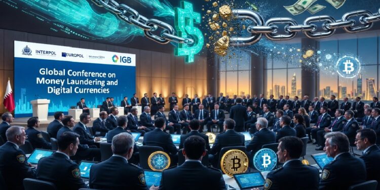 Conferencia global sobre lavado de dinero y criptomonedas, con asistentes usando portátiles y una cadena metálica rompiéndose sobre símbolos de divisas y billetes frente a un horizonte urbano moderno.