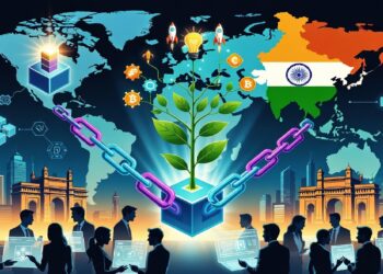 Cubo blockchain con planta creciendo sobre mapa de India, rodeado de iconos cripto, cadenas digitales y profesionales colaborando, simbolizando innovación tecnológica sostenible.